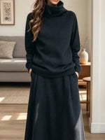 Vintage Chic Turtleneck Art Casual Stylish Long Sleeve Top And Skirt Two-piece Suit