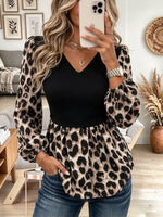 Women's Black and Leopard Print Contrast Bodice Long Sleeve Peplum Blouse