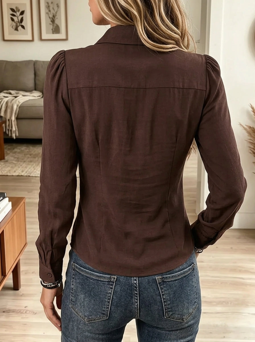 Women's Ruffle Placket Button-Down Long-Sleeve Shirt