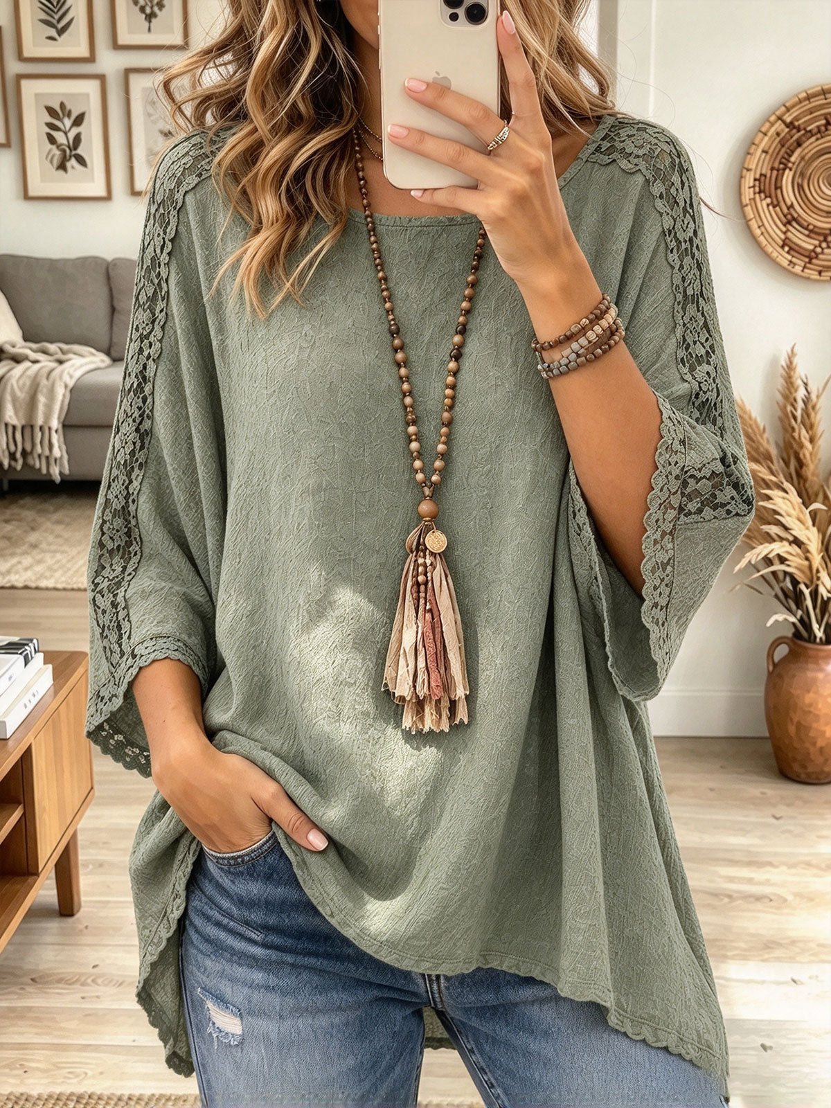 Women's Sage Green Crochet Lace Patchwork Oversized Long Sleeve Boho Blouse Top