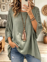 Women's Sage Green Crochet Lace Patchwork Oversized Long Sleeve Boho Blouse Top