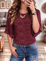 Retro Chic Shiny Art Casual Stylish Short Sleeve Round Collar Shirt