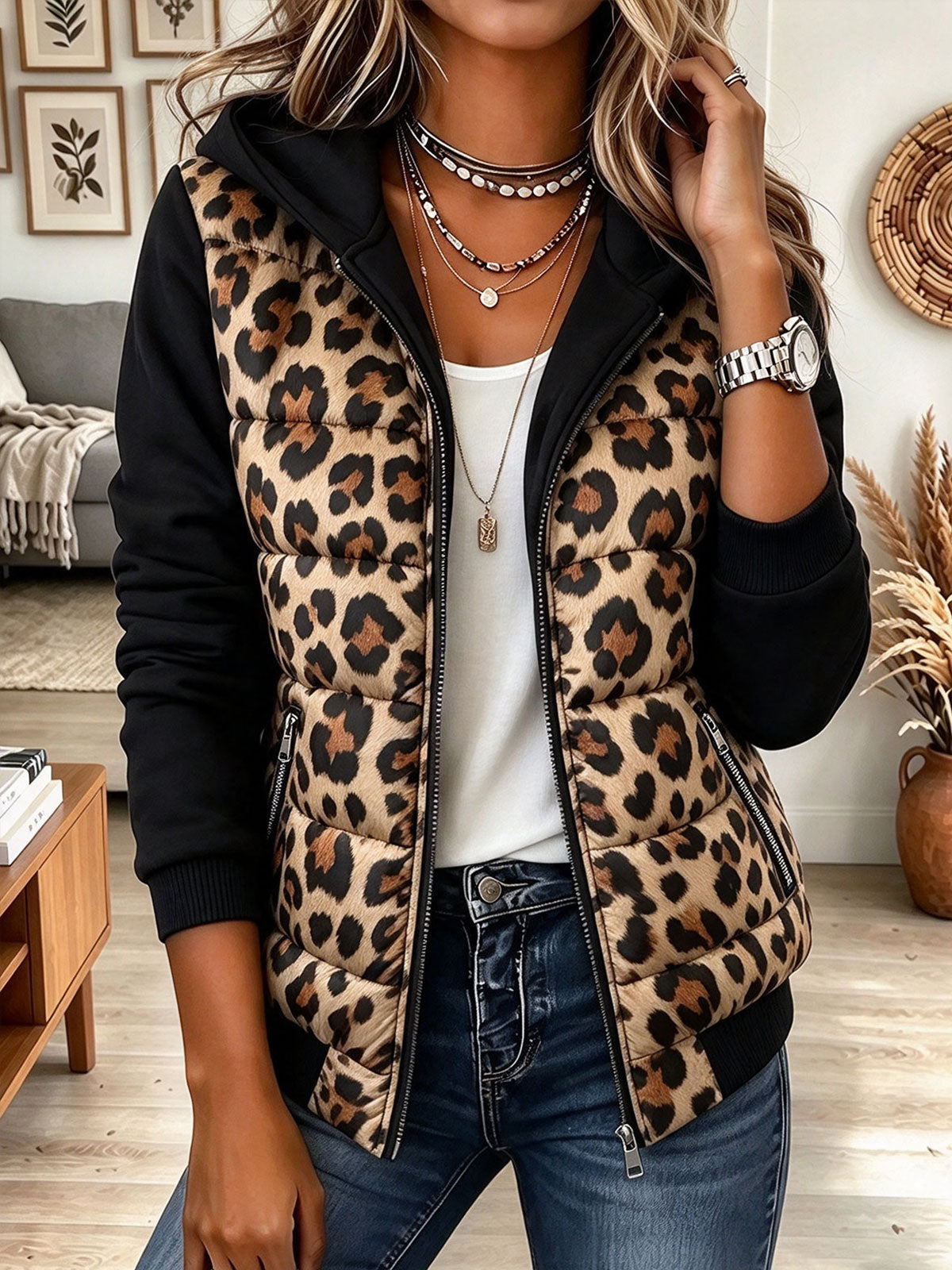 Women's Leopard Print Puffer Vest with Hood and Black Contrast Sleeves