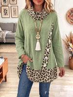 Vintage Elegant Cotton-linen Patchwork Leopard Print Shirt