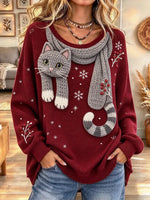 Women's Cute Cat Print Knit Crew Neck Sweater