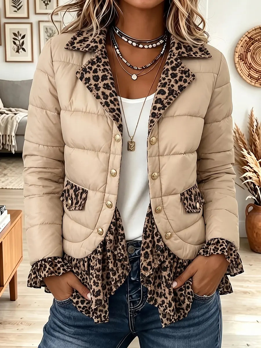Vintage Elegant Leopard Print Ruffled Patchwork Quilted Winter Jacket