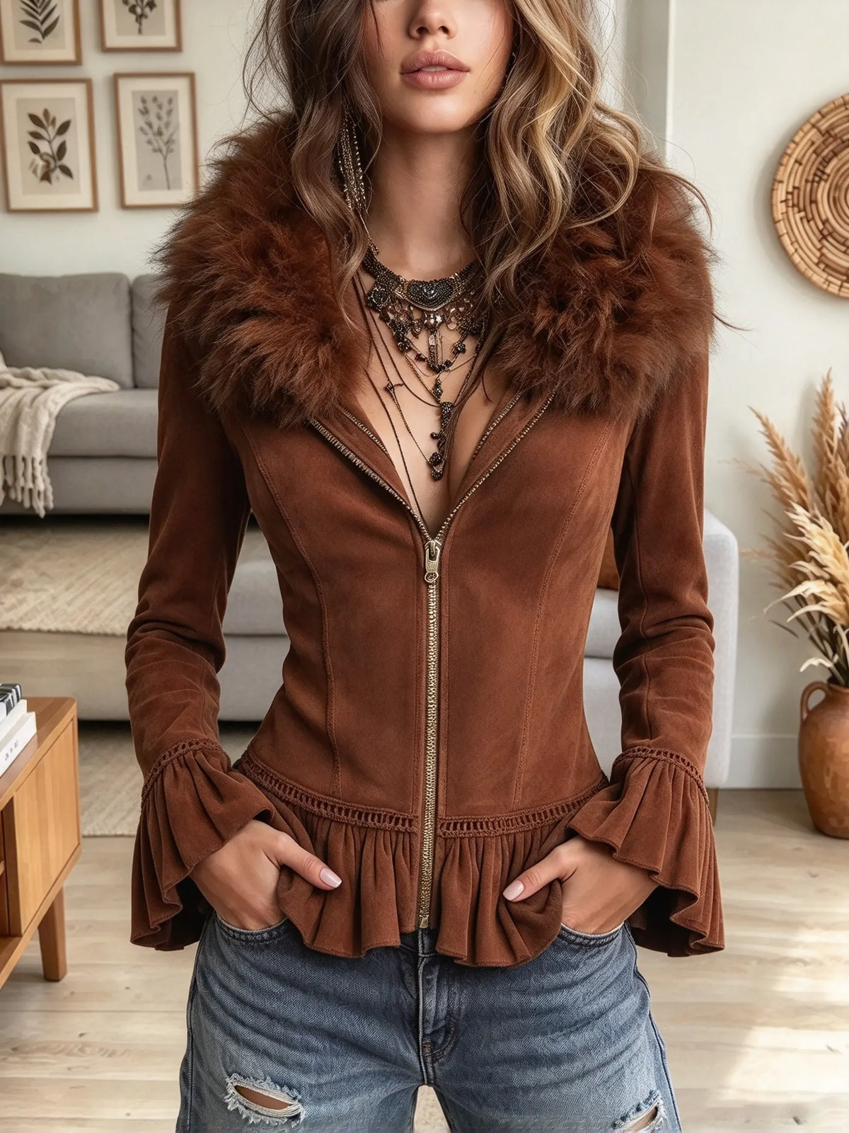 Women's Faux Fur Collar Suede Zip Jacket