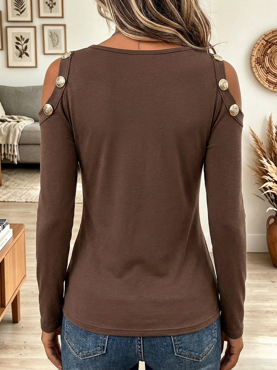 Women's Brown Cold Shoulder Long Sleeve Top with Chest Cutout and Gold Buttons