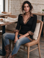 Women's Leopard Print Collar Long Sleeve Top