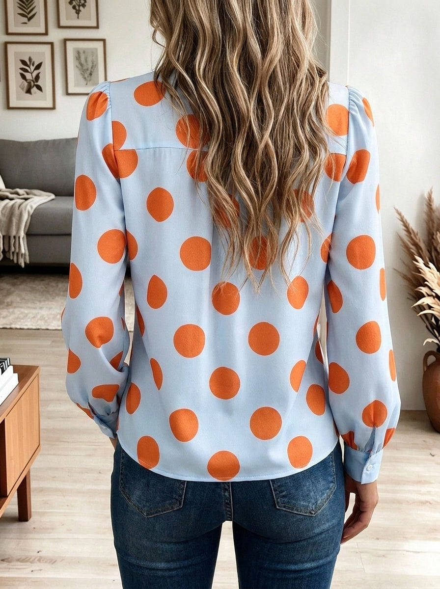 Women's Light Blue and Orange Polka Dot Long Sleeve Blouse with Oversized Pointed Collar