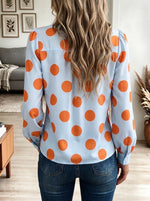 Women's Light Blue and Orange Polka Dot Long Sleeve Blouse with Oversized Pointed Collar