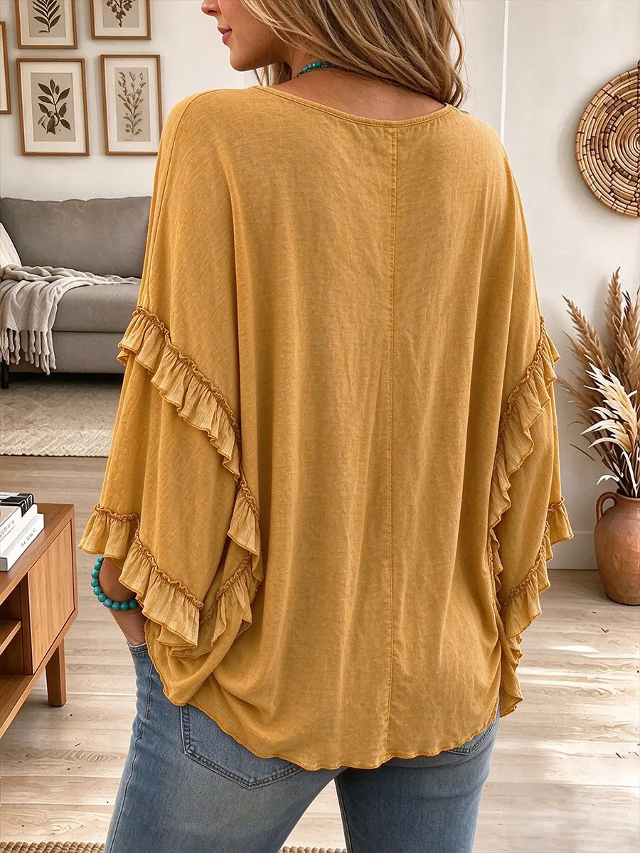 Women's Boho Round Neck Adjustable Drawstring Waist Blouse