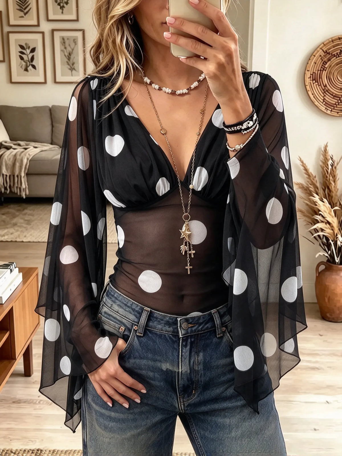 Women's Polka Dot Sheer Mesh Plunging Top