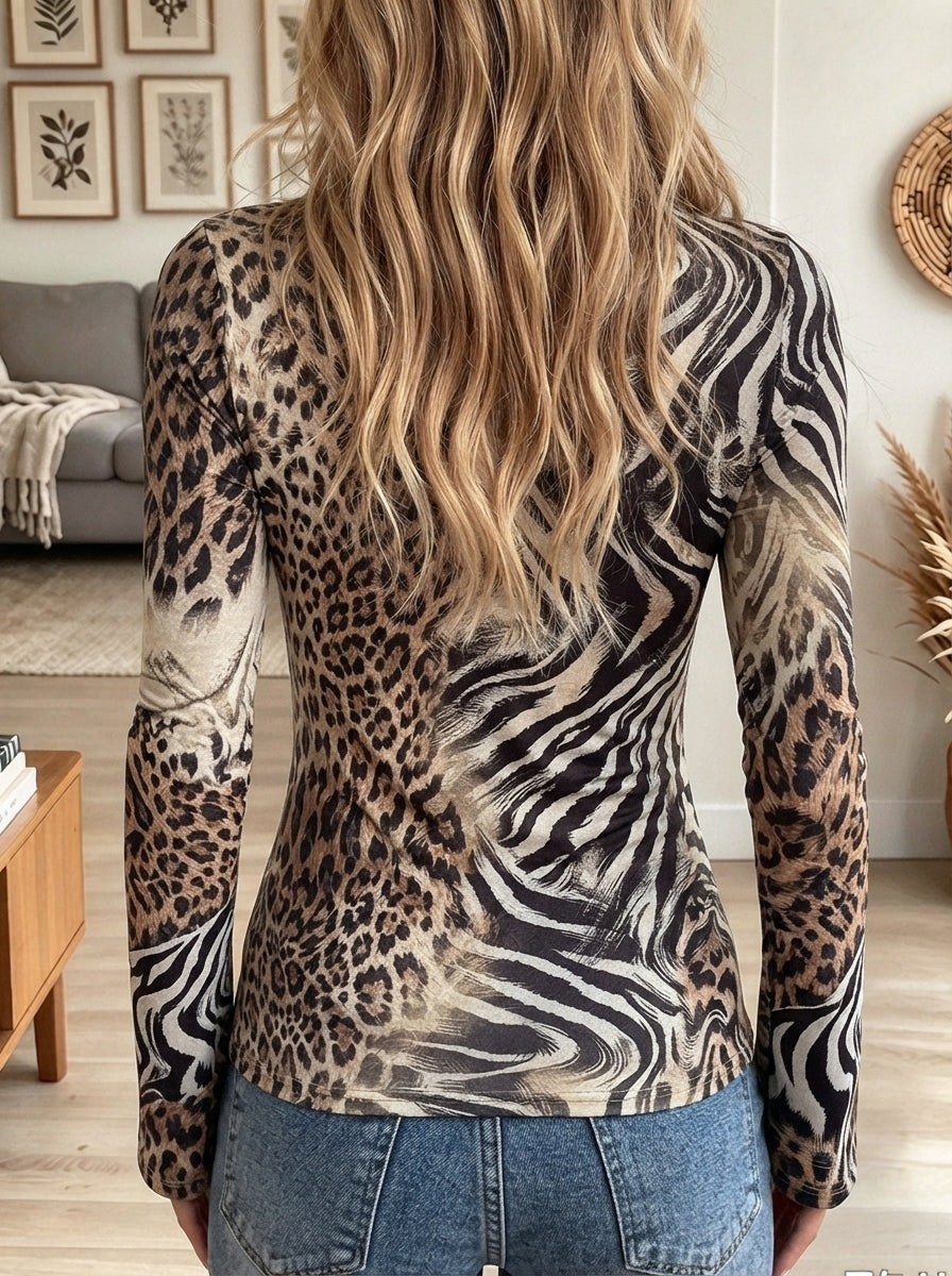 Women's Animal Print Long Sleeve Top with Mixed Leopard and Zebra Patterns