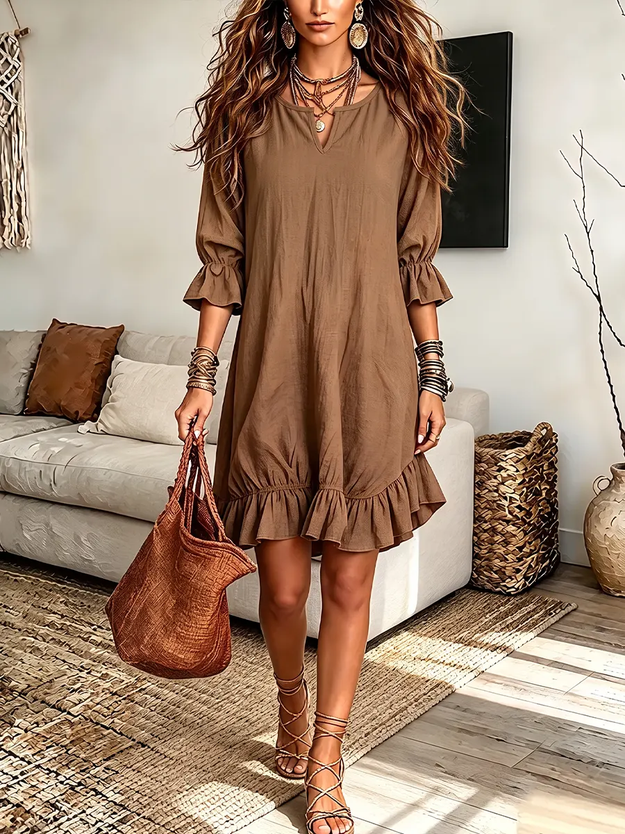 Vintage Elegant Cotton-linen V-neck Mid-sleeve Ruffle Dress
