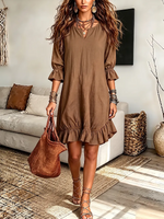 Vintage Elegant Cotton-linen V-neck Mid-sleeve Ruffle Dress