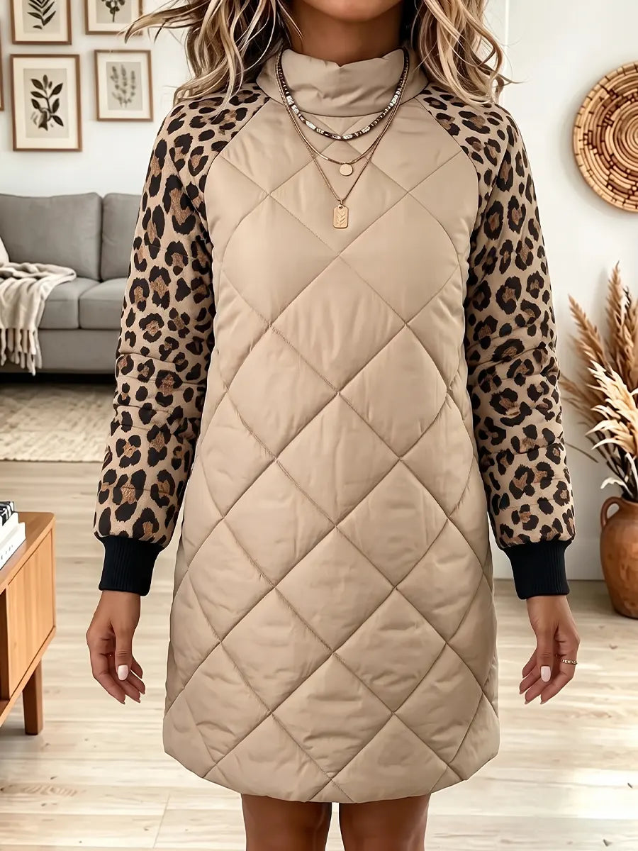 Vintage Elegant Leopard Print Patchwork Quilted Winter Dress