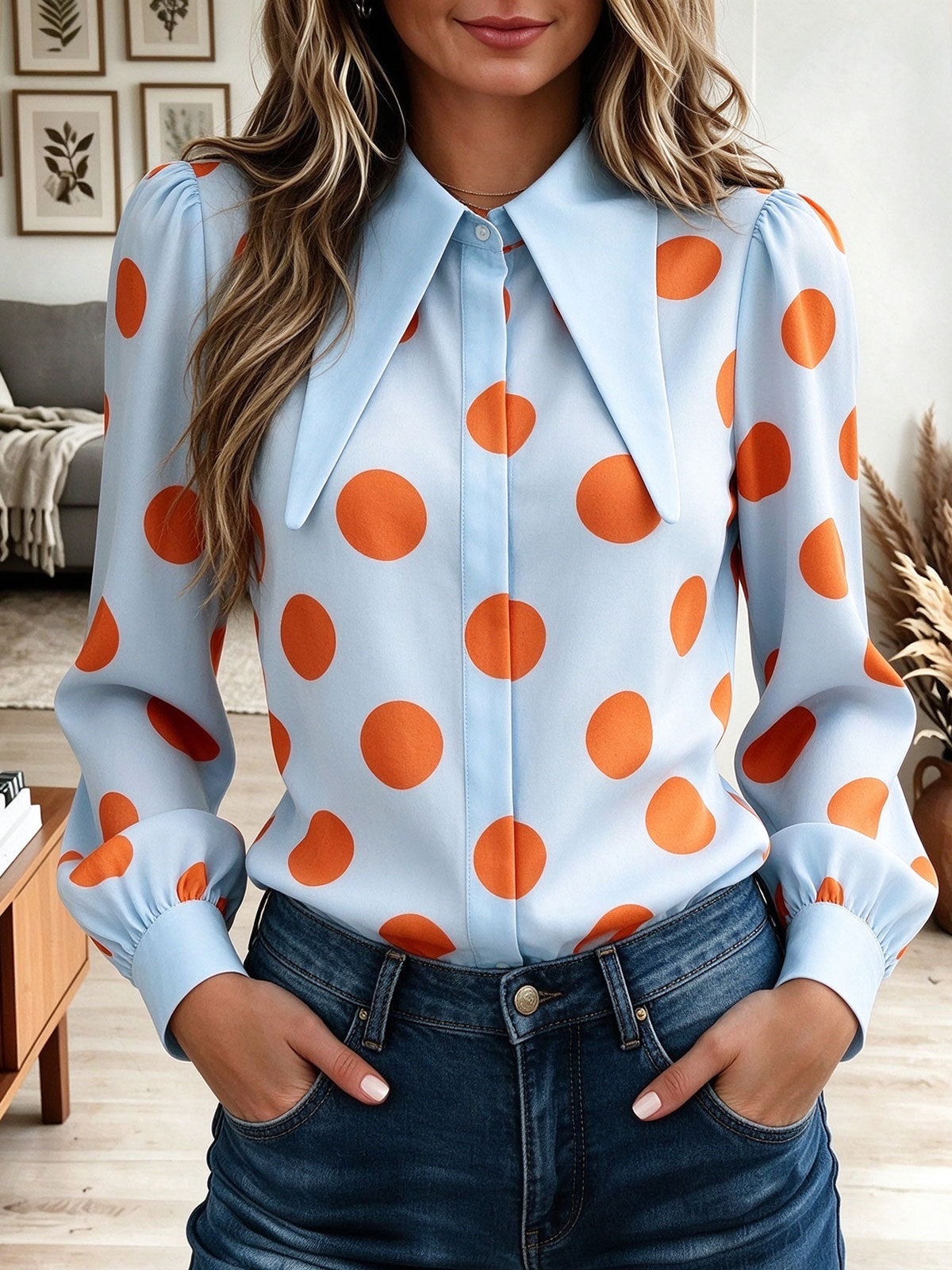 Women's Light Blue and Orange Polka Dot Long Sleeve Blouse with Oversized Pointed Collar