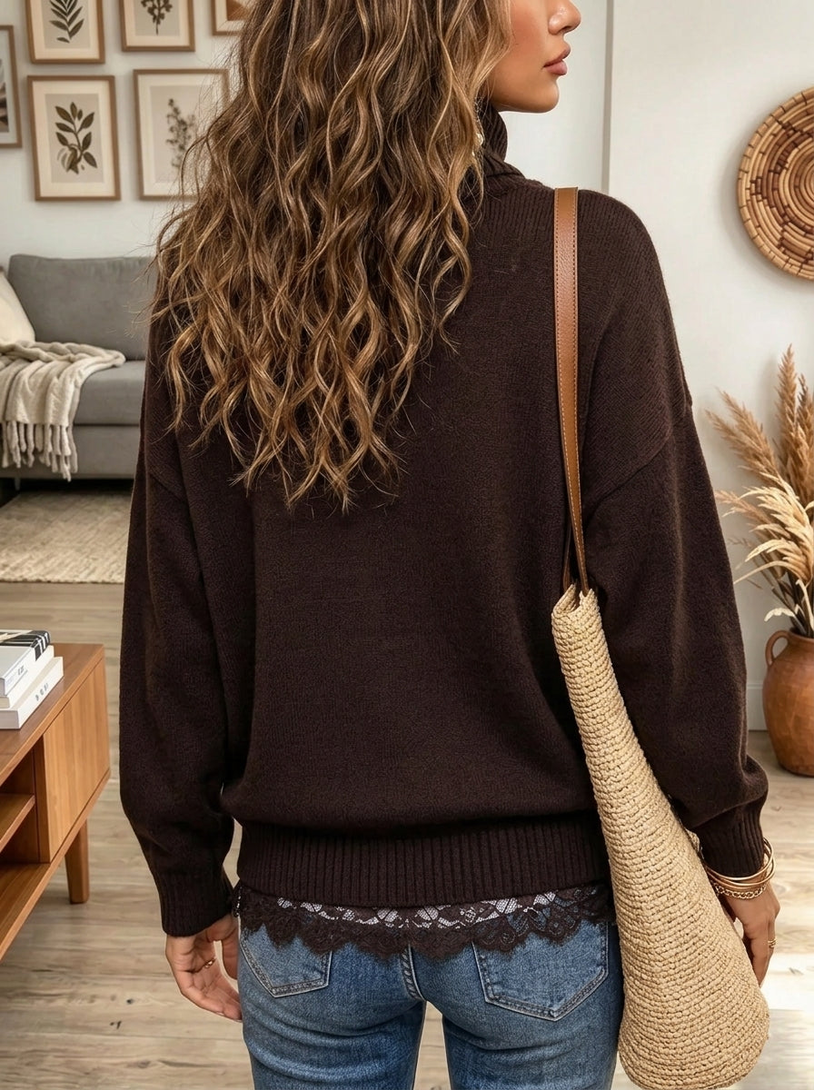 Women's Lace Hem Turtleneck Knit Sweater