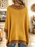 Women's Mustard Yellow Leopard Print Trim Loose Knit Shawl Wrap Pullover Top