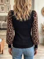 Women's Leopard Puff Sleeve Shimmer Knit Top