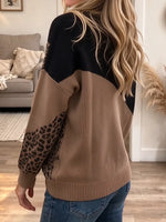 Women's Leopard Print Color Block Henley Collar Long-sleeve Knit Top