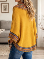Women's Southwestern Aztec Print Cowl Neck Poncho Sweater - Mustard Yellow Boho Knit Pullover Top