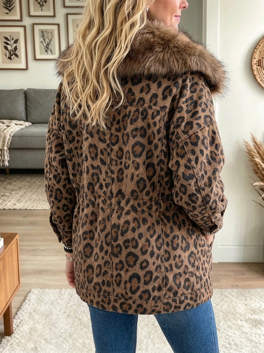 Women's Leopard Faux Fur Collar Denim Jacket