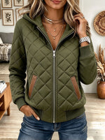 Women's Olive Green Quilted Hooded Bomber Jacket with Faux Leather Trim