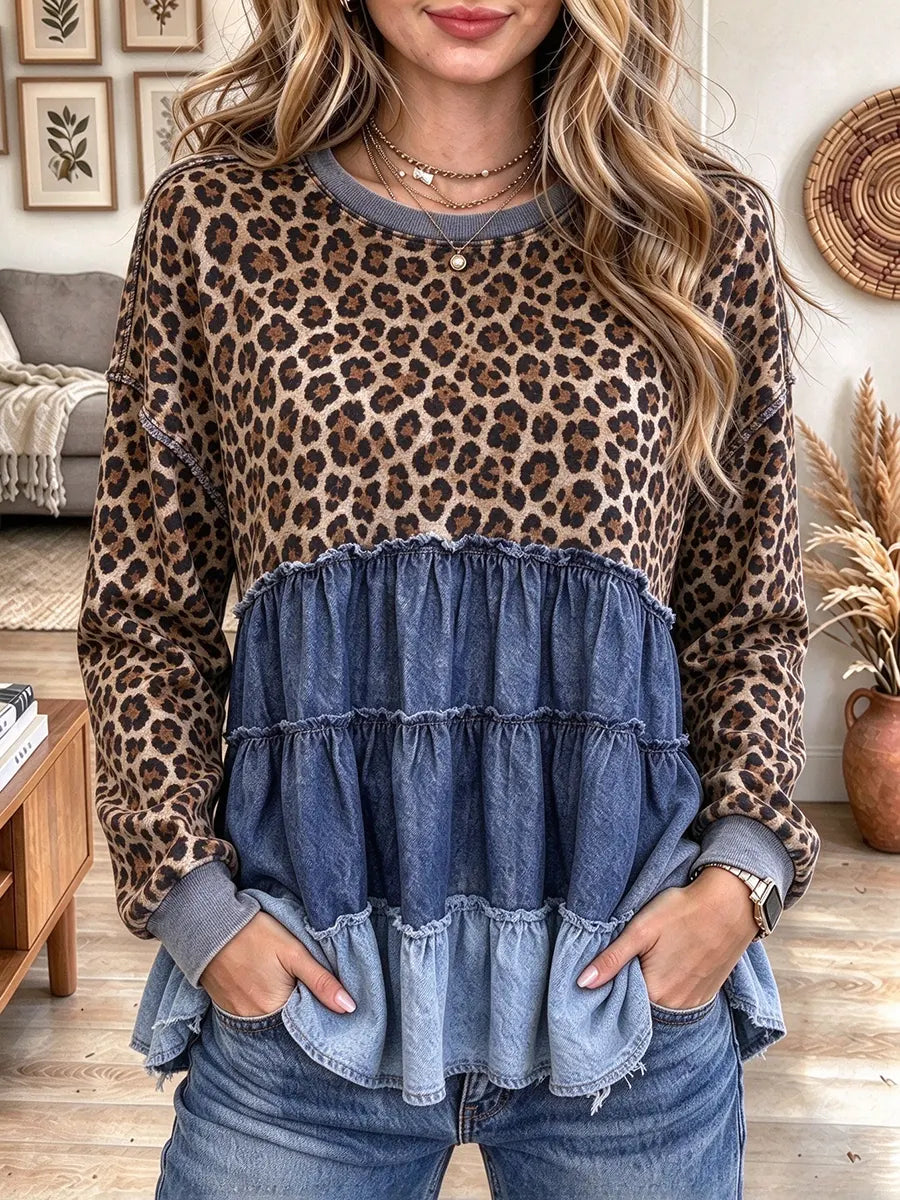 Women's Leopard Print Denim Tiered Ruffle Sweatshirt