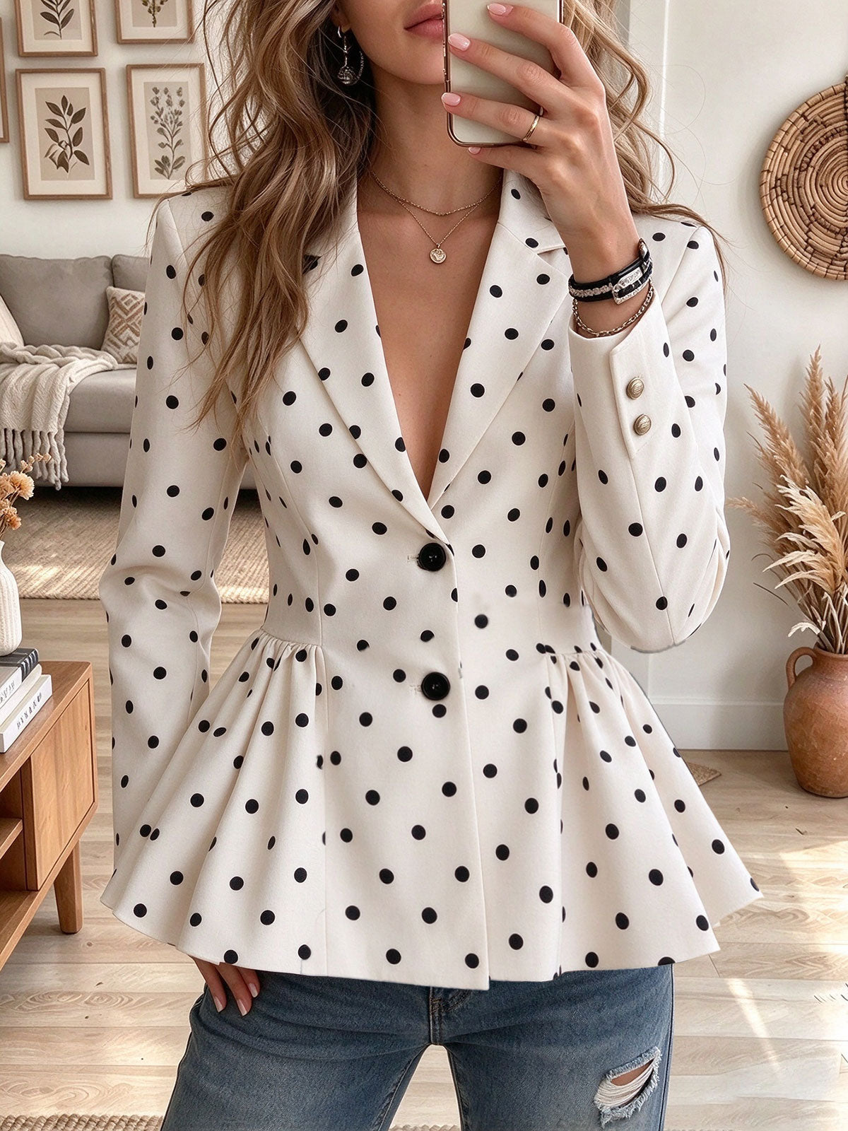 Women's White Polka Dot Lapel Collar Peplum Blazer Jacket