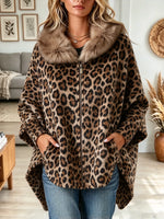 Women's Leopard Faux Fur Collar Zip Cape