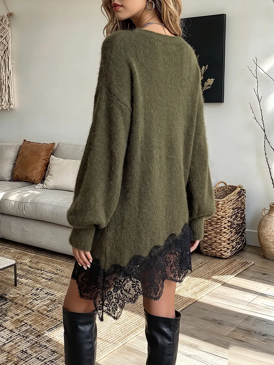 Vintage Elegant Knitted Fabric Patchwork Openwork Lace Dress