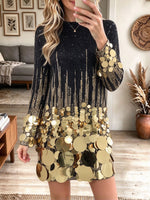 Women's Black and Gold Sequin Gradient Long Sleeve Party Dress