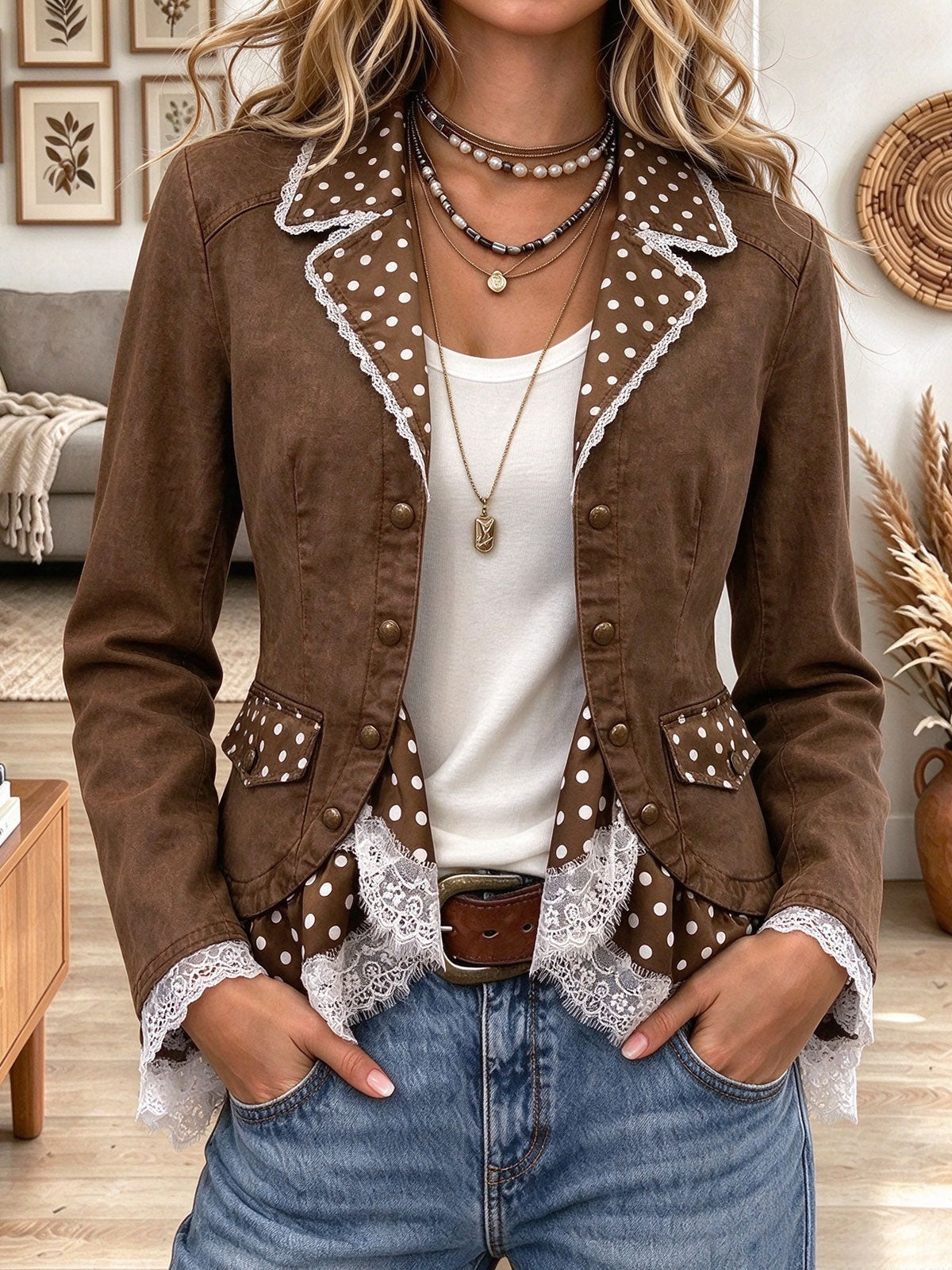 Women's Brown Suede Blazer with Polka Dot Contrast Lapel and Lace Trim
