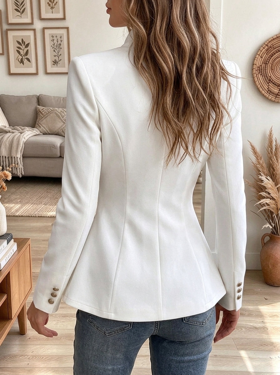 Women's White Asymmetric Button-Up Peplum Blazer Jacket with High Stand Collar