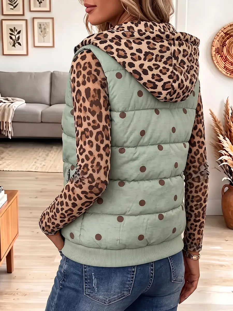 Vintage Elegant Leopard Print Patchwork Quilted Winter Jacket Vest