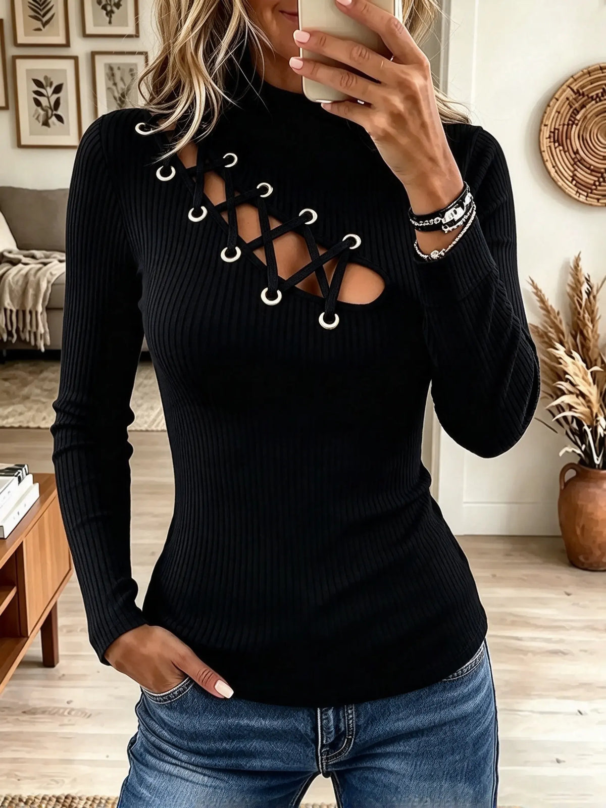 Women's Lace-Up Cutout Mock Neck Ribbed Top