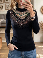 Women's Black Mock Neck Long Sleeve Top with Rhinestone Peacock Feathers