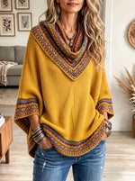 Women's Southwestern Aztec Print Cowl Neck Poncho Sweater - Mustard Yellow Boho Knit Pullover Top