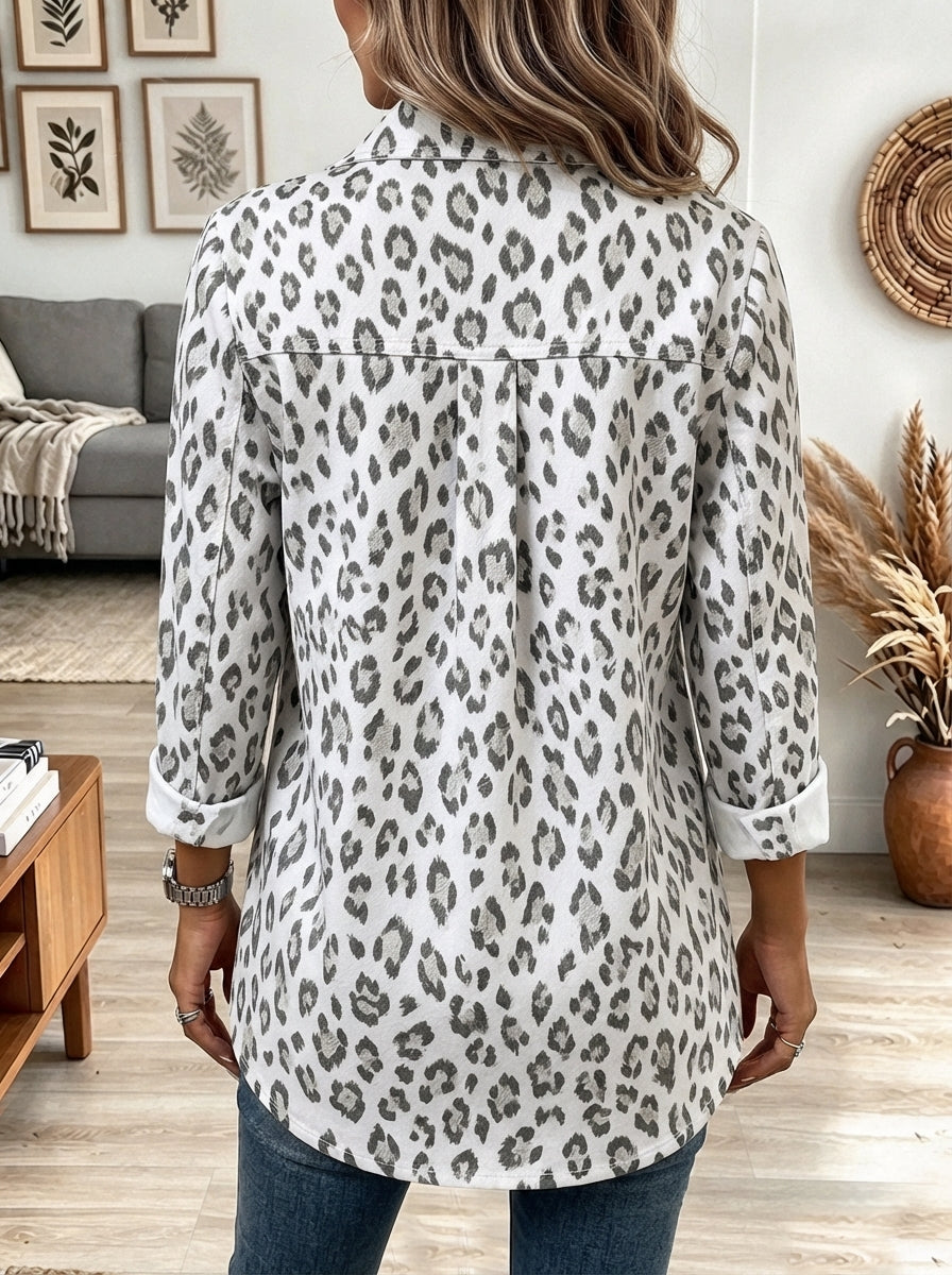Women's White and Grey Leopard Print Button-Up Shirt with White Pocket Flaps