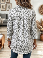 Women's White and Grey Leopard Print Button-Up Shirt with White Pocket Flaps