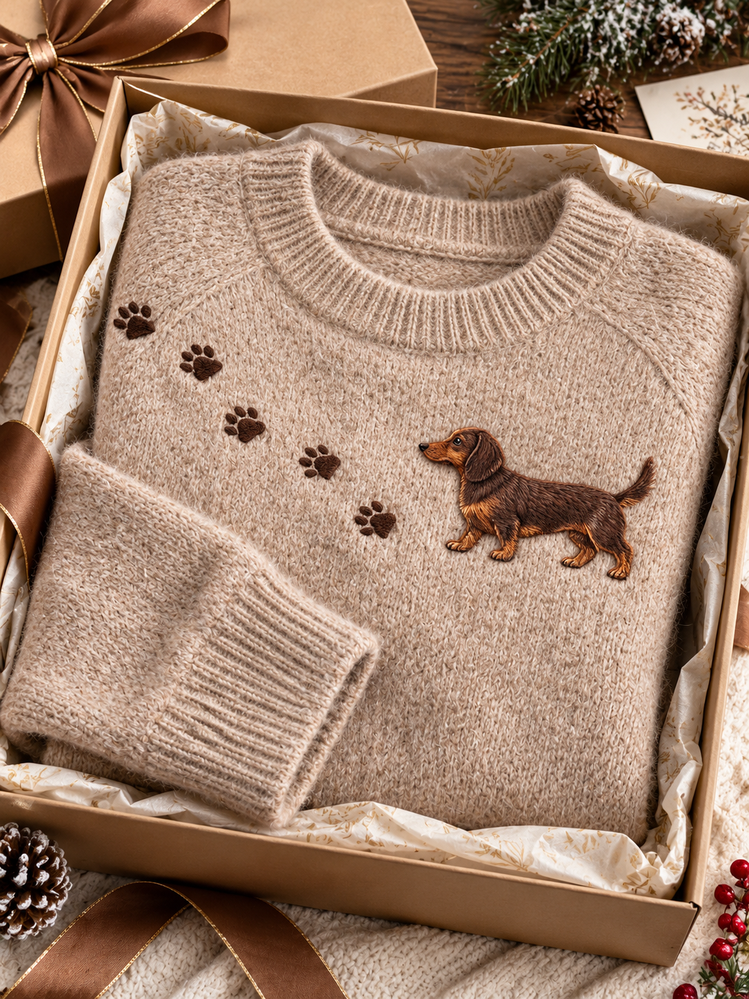 Women's Dachshund Dog Embroidery Crew Neck Sweater, Paw Print Raglan Sleeve Knit Top