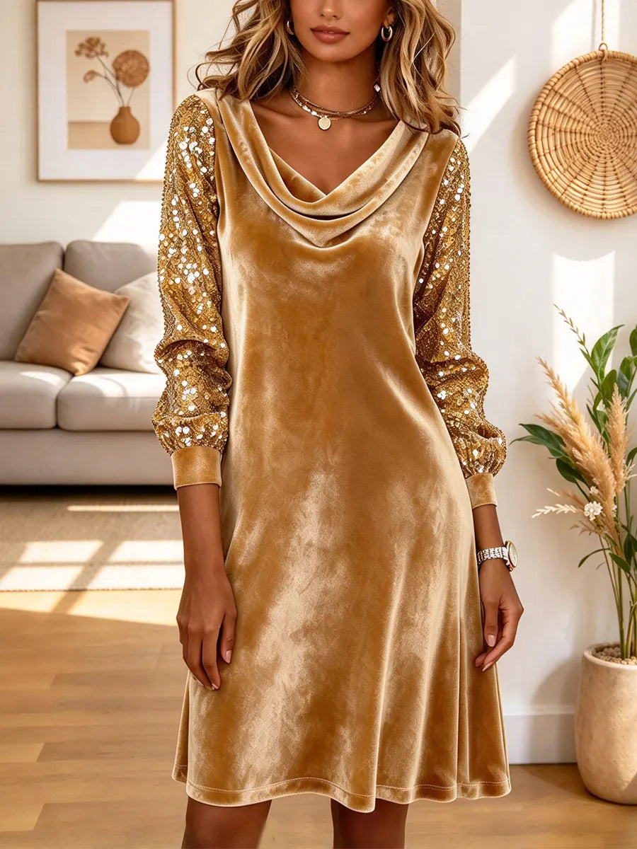 Vintage Elegant Cowl Neck Shiny Art Casual Stylish Long Sleeve Dress