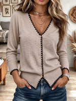 Women's Beige V-Neck Cardigan with Contrast Black Scalloped Trim