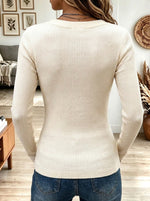 Women's Beige Ribbed Knit Lace-Up Front Long Sleeve Top with Chest Cutouts