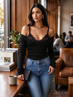 Women's Off Shoulder Ribbed Knit Long Sleeve Top