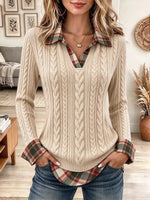 Women's With Plaid Collar V Neck Long Sleeve Fake Two Piece Pullover Top