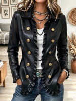 Women's Black Faux Leather Double-Breasted Ruffled Jacket with Gold Buttons