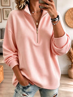 Retro Waffle Solid Color Art Casual Loose Zip Stylish Long Sleeve Shirt